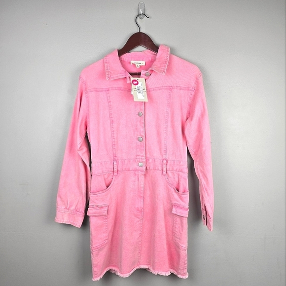 EE:SOME Denim Long Sleeve Short Dress Pink Women Sz M Western Boho Barbie Cargo - Picture 1 of 16